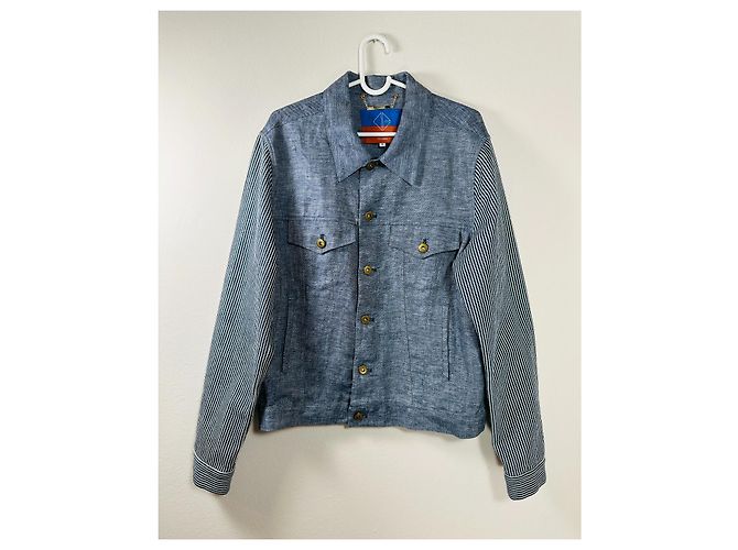 Giacca Opening Ceremony Blu in Lino e Cotone con Maniche a Righe - vista 5