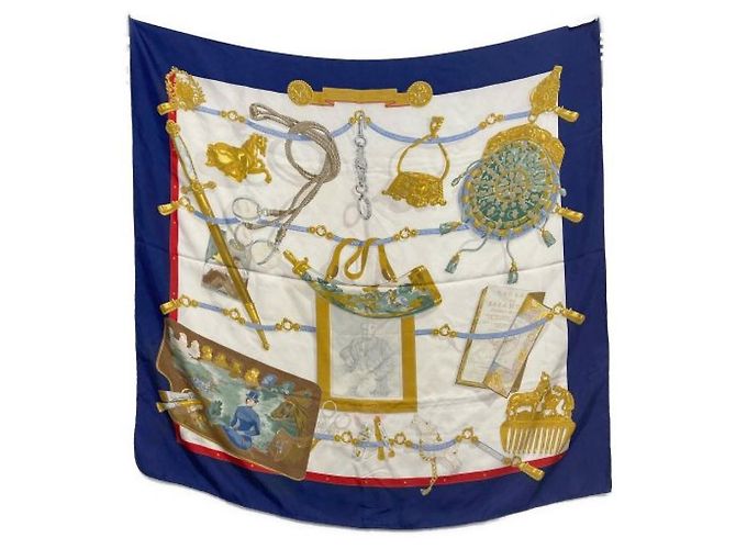 Hermès ***HERMES HERMES Ricordi Sciarpa di seta Bianco Blu navy - vista 2