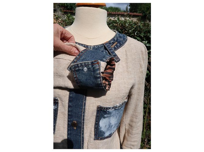 Giacca Dolce & Gabbana in lino beige e lana con dettagli in denim - vista 12