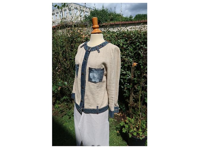 Giacca Dolce & Gabbana in lino beige e lana con dettagli in denim - vista 2