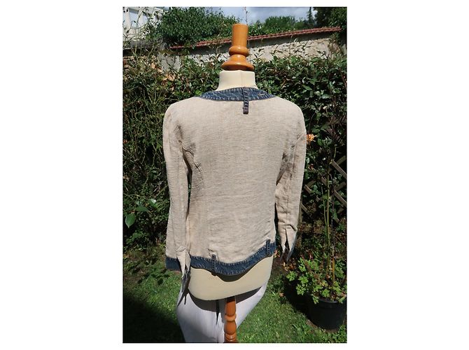 Giacca Dolce & Gabbana in lino beige e lana con dettagli in denim - vista 5