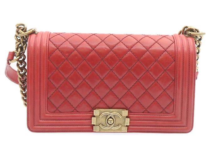 Le Boy CHANEL Boy Chanel Matelasse Bolsa de Ombro com Aba de Corrente Couro Vermelho CC Auth knn010 - vista 13