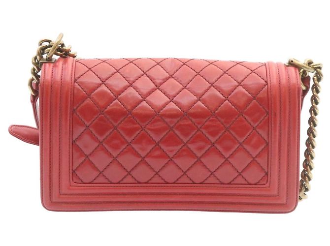 Le Boy CHANEL Boy Chanel Matelasse Bolsa de Ombro com Aba de Corrente Couro Vermelho CC Auth knn010 - vista 2