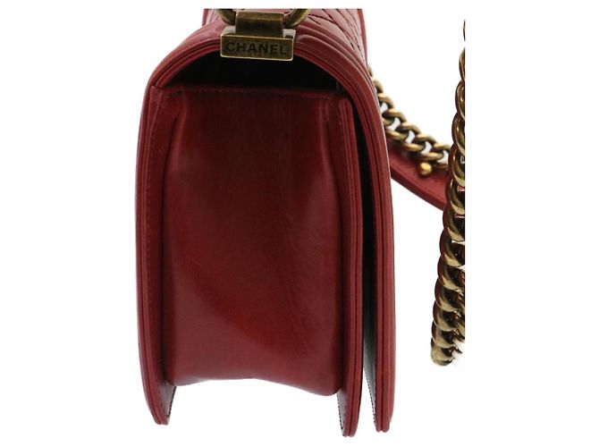 Le Boy CHANEL Boy Chanel Matelasse Bolsa de Ombro com Aba de Corrente Couro Vermelho CC Auth knn010 - vista 4