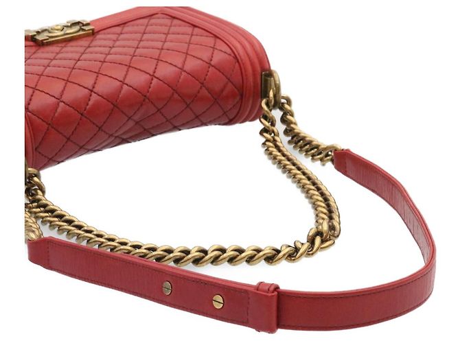 Le Boy CHANEL Boy Chanel Matelasse Bolsa de Ombro com Aba de Corrente Couro Vermelho CC Auth knn010 - vista 7