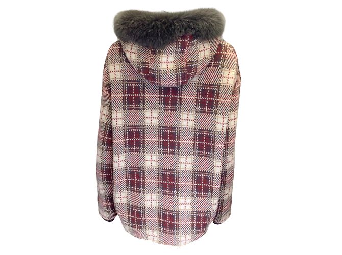 Bruno Manetti Vermelho / roxa / Jaqueta de malha de lã xadrez Houndstooth com capuz e pele cinza - vista 3