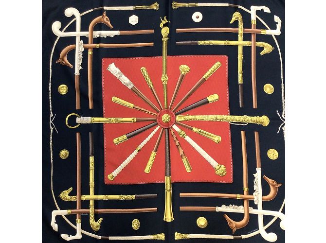 Hermès Hermes rosso / Sciarpa in twill di seta quadrata nera Multi Cannes et Pommeaux Multicolore - vista 4
