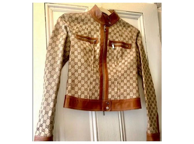 Gucci Logo Print Biker Jacke Braun Beige - Ansicht 2