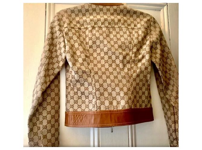 Gucci Logo Print Biker Jacke Braun Beige - Ansicht 3