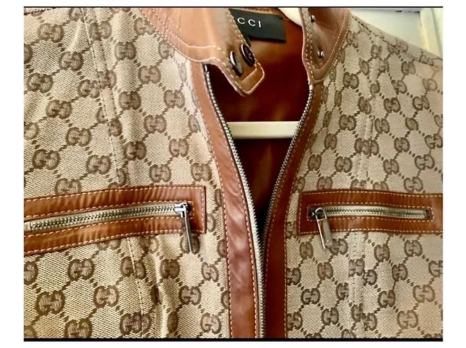 Gucci Logo Print Biker Jacke Braun Beige - Ansicht 7