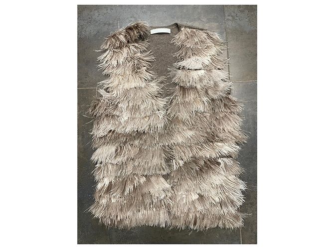Autre Marque Statement Weste aus Kaschmir mit Straußenfedern Taupe XS Hellbraun - Ansicht 2