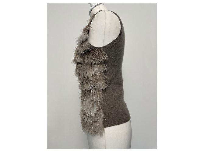 Autre Marque Statement Weste aus Kaschmir mit Straußenfedern Taupe XS Hellbraun - Ansicht 4