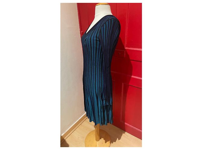 Kenzo Gestreiftes Mesh Kleid Schwarz Grün Blau Dunkelgrün Dunkelblau - Ansicht 2