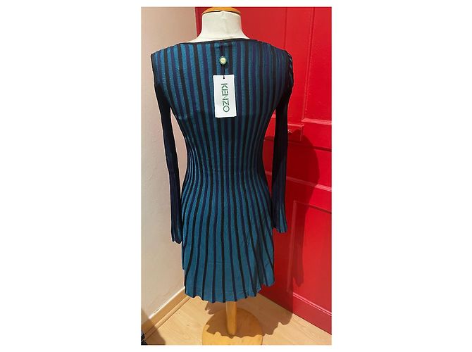 Kenzo Gestreiftes Mesh Kleid Schwarz Grün Blau Dunkelgrün Dunkelblau - Ansicht 3