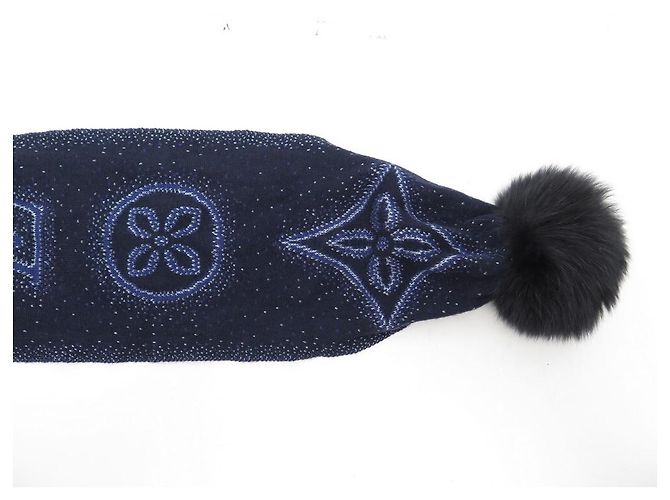 Louis Vuitton NUOVA SCIARPA VUITTON IN CASHMERE 410477 SCIARPA IN PELLICCIA CON POMPON DI VOLPE Blu navy - vista 2