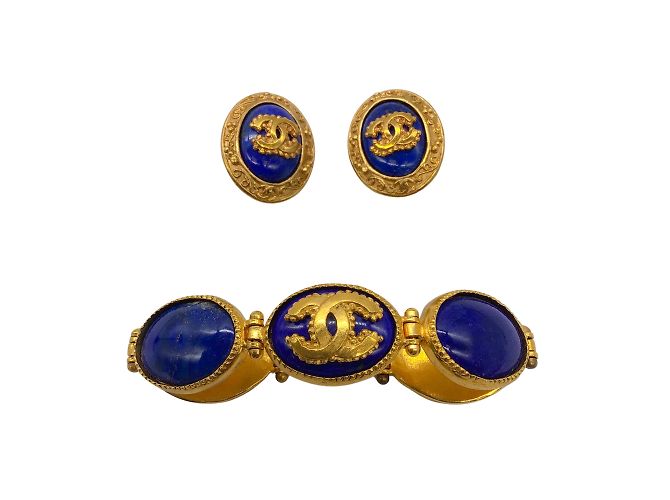 Chanel blu / Gold-Tone 2008 Set di due pezzi di orecchini a clip e bracciale con pietra con logo CC D'oro - vista 3