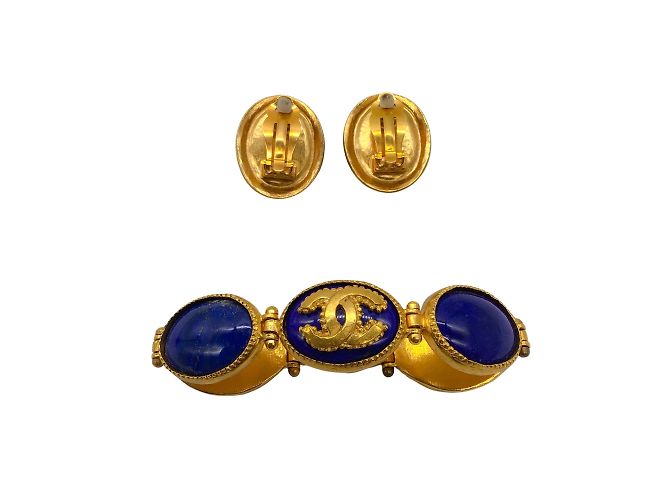 Chanel blu / Gold-Tone 2008 Set di due pezzi di orecchini a clip e bracciale con pietra con logo CC D'oro - vista 4