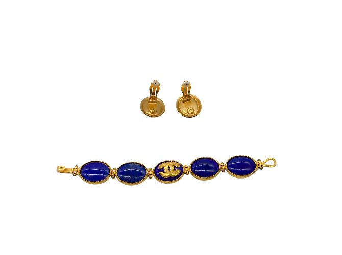Chanel blu / Gold-Tone 2008 Set di due pezzi di orecchini a clip e bracciale con pietra con logo CC D'oro - vista 5