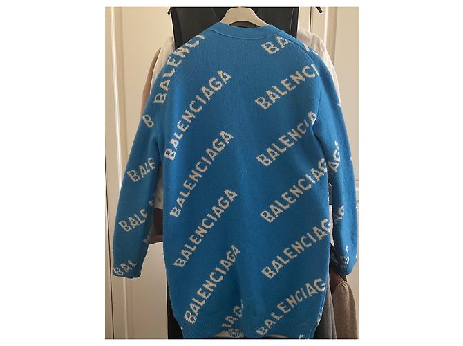 Balenciaga Cardigan mit Logo blau weiß Wolle - Ansicht 2