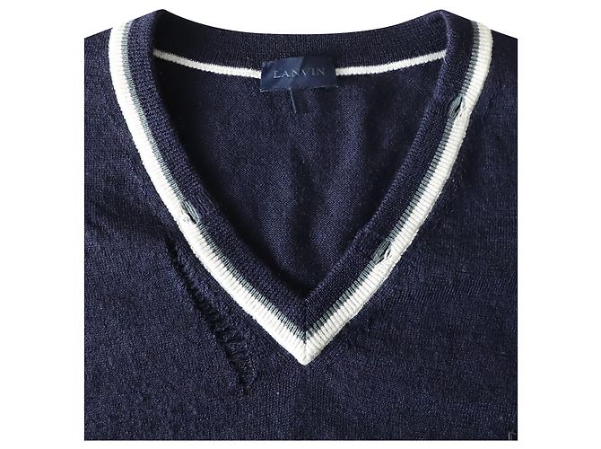 Lanvin Distressed Detail Neckline Jumper In Navy Blue Wool - view 3