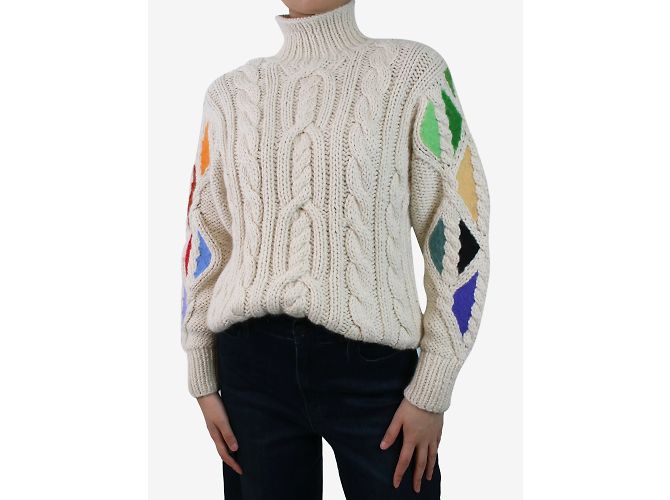 Rosie Assoulin Cremefarbener Pullover mit Stehkragen und Zopfmuster – Größe XS Roh - Ansicht 2