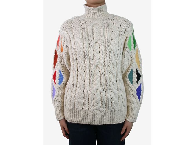 Rosie Assoulin Cremefarbener Pullover mit Stehkragen und Zopfmuster – Größe XS Roh - Ansicht 4