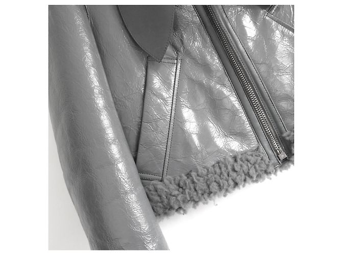 Balenciaga PF17 Chaqueta motera de piel de oveja de charol gris - vista 5