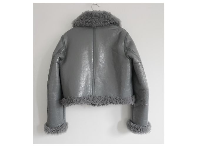 Balenciaga PF17 Chaqueta motera de piel de oveja de charol gris - vista 7