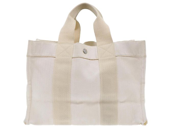 Hermès HERMES Cannes PM Einkaufstasche Baumwolle Weiß Creme Auth 51874 Roh - Ansicht 13
