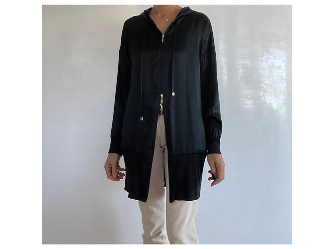 Adolfo Dominguez Giubbotto lungo nero con cappuccio e zip in seta e lyocell T.S - vista 12