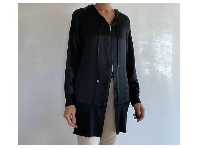 Adolfo Dominguez Giubbotto lungo nero con cappuccio e zip in seta e lyocell T.S - vista 13