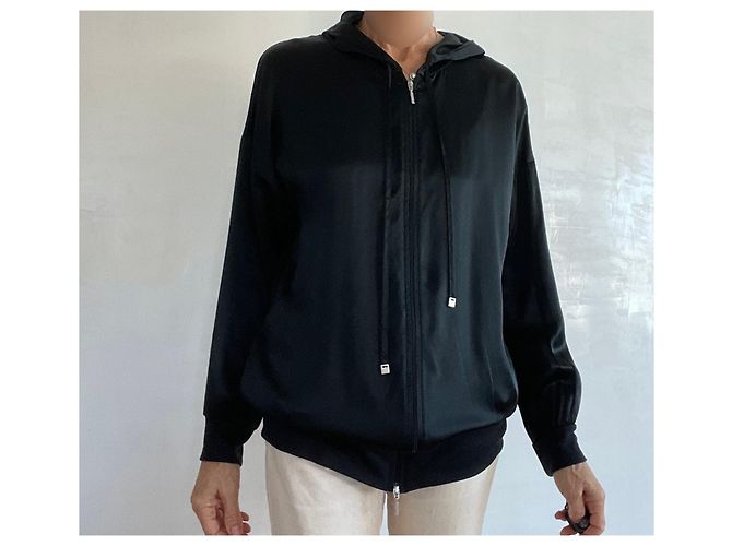 Adolfo Dominguez Giubbotto lungo nero con cappuccio e zip in seta e lyocell T.S - vista 15