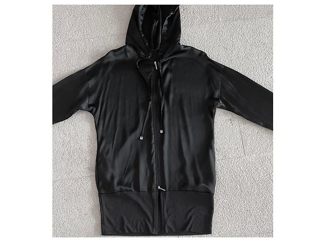 Adolfo Dominguez Giubbotto lungo nero con cappuccio e zip in seta e lyocell T.S - vista 18