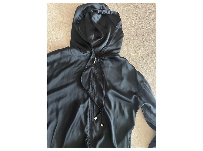 Adolfo Dominguez Giubbotto lungo nero con cappuccio e zip in seta e lyocell T.S - vista 20