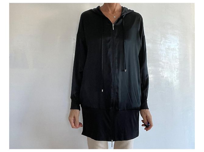 Adolfo Dominguez Giubbotto lungo nero con cappuccio e zip in seta e lyocell T.S - vista 7