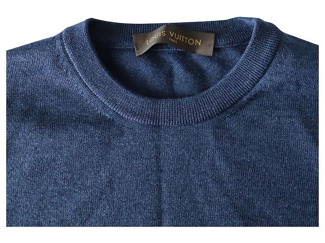 Louis Vuitton Pullover mit Ellenbogen-Patch-Logo-Stickerei aus blauer Wolle - Ansicht 3