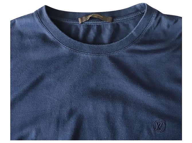 T-shirt classica con logo Louis Vuitton ricamato in cotone blu - vista 3