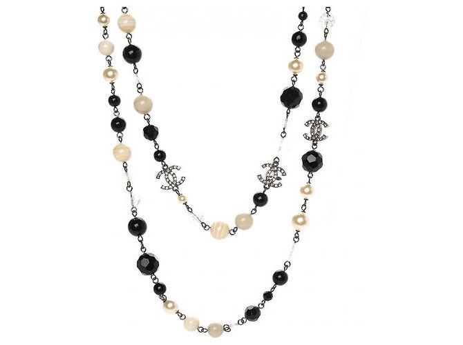 Chanel 11alla, 2011 Collana lunga multicolore con perle di cristallo CC e perline di pietra autunnali Nero Beige Silver hardware - vista 2