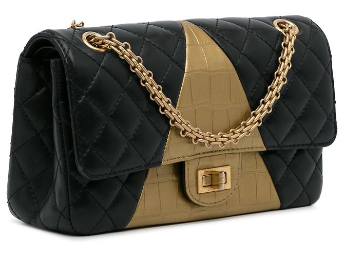 Pelle di agnello goffrata coccodrillo nera media Chanel 2.55 Borsa con patta foderata ristampa Nero D'oro - vista 2