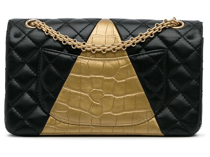 Pelle di agnello goffrata coccodrillo nera media Chanel 2.55 Borsa con patta foderata ristampa Nero D'oro - vista 4