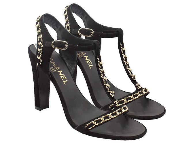 Timeless Chanel Sandali in camoscio nero con catena dorata - vista 2