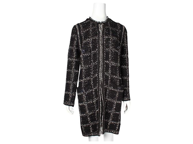 Timeless Chanel Schwarz-weißer langer Woll-Tweed-Mantel - Ansicht 2
