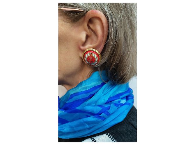 Hermès Emaille Ohrringe Rot und Gold Golden - Ansicht 2