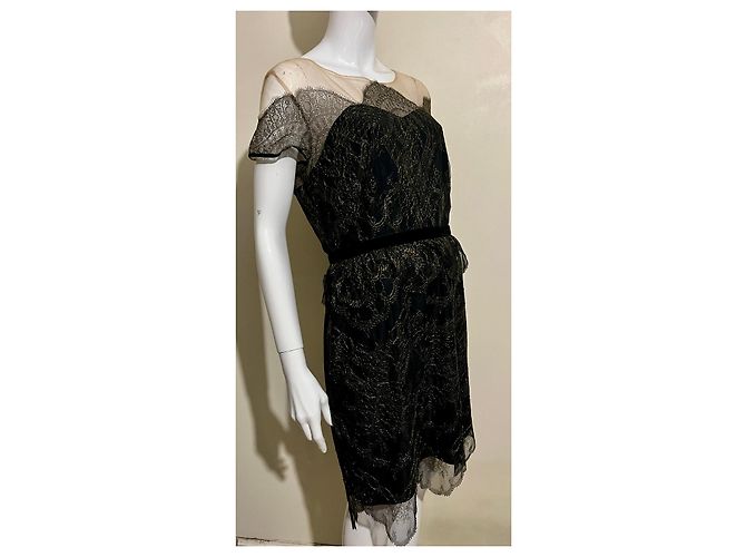 Marchesa Abito in pizzo nero e dorato con collo illusione D'oro - vista 2