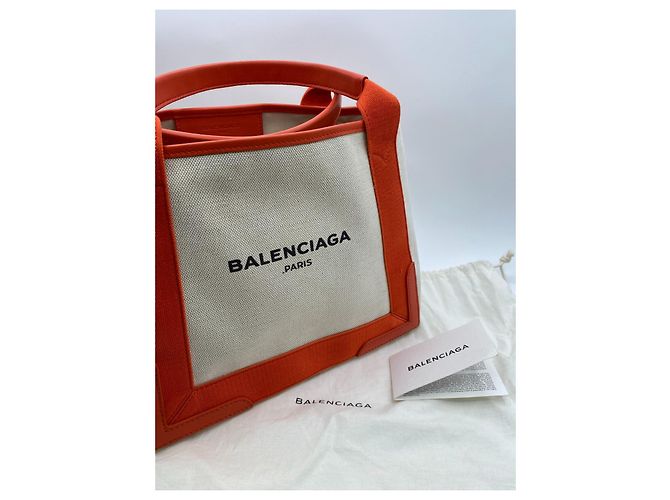 Balenciaga Navy Cabas in pelle e lino arancione e crema Bianco sporco - vista 10