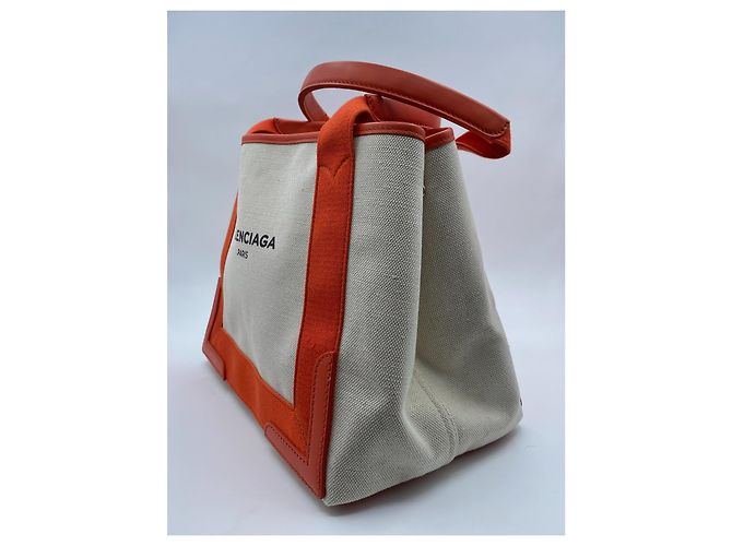 Balenciaga Navy Cabas in pelle e lino arancione e crema Bianco sporco - vista 2