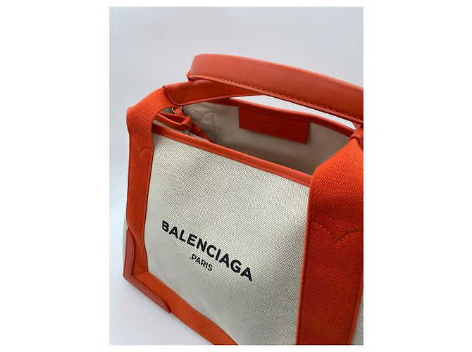 Balenciaga Navy Cabas in pelle e lino arancione e crema Bianco sporco - vista 5