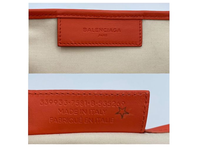 Balenciaga Navy Cabas in pelle e lino arancione e crema Bianco sporco - vista 8