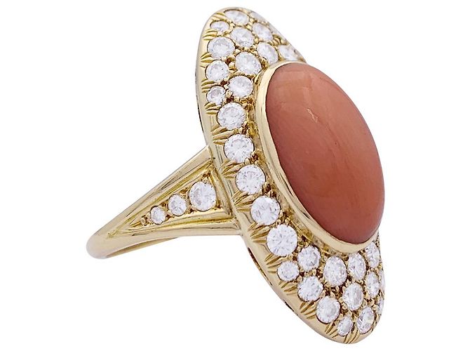 inconnue Anello, oro giallo, corallo pelle d'angelo e diamanti - vista 7