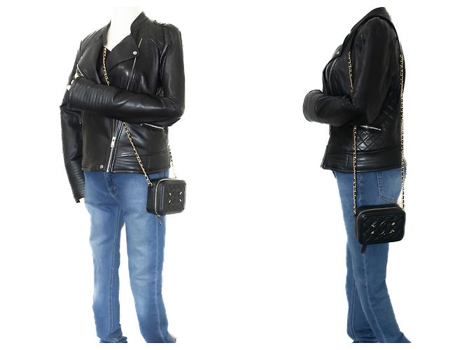 Borsa a tracolla con catena CHANEL in pelle di vitello Micro Caviar granulata Nera con zip Nero - vista 12